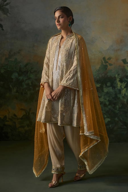 Mustard Moon By Neyha And Vrinda_Beige Georgette, Modal, Satin, Net Embroidery, Sequins, Kurta Salwar Set _Online_at_Aza_Fashions