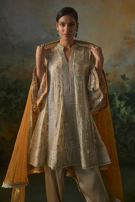 Buy_Mustard Moon By Neyha And Vrinda_Beige Georgette, Modal, Satin, Net Embroidery, Sequins, Kurta Salwar Set _Online_at_Aza_Fashions