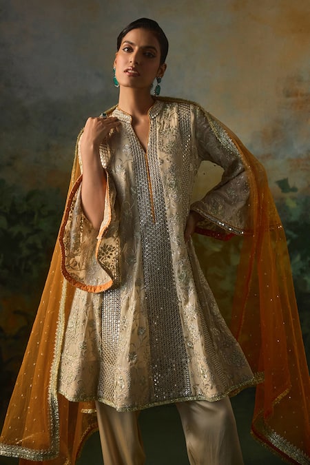 Shop_Mustard Moon By Neyha And Vrinda_Beige Georgette, Modal, Satin, Net Embroidery, Sequins, Kurta Salwar Set _Online_at_Aza_Fashions