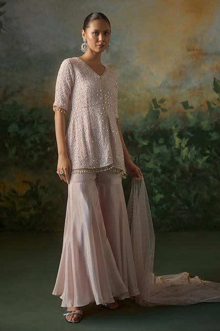 Mustard Moon By Neyha And Vrinda_Pink Georgette, Tissue, Net Sequins, Beads, Embroidered Kurta Sharara Set _Online_at_Aza_Fashions