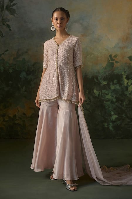 Buy_Mustard Moon By Neyha And Vrinda_Pink Georgette, Tissue, Net Sequins, Beads, Embroidered Kurta Sharara Set _Online_at_Aza_Fashions