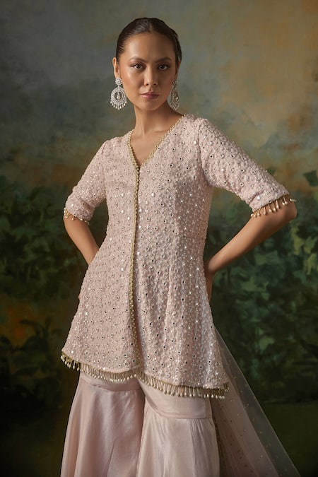 Shop_Mustard Moon By Neyha And Vrinda_Pink Georgette, Tissue, Net Sequins, Beads, Embroidered Kurta Sharara Set _Online_at_Aza_Fashions