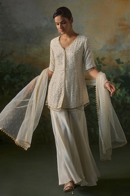 Mustard Moon By Neyha And Vrinda Sequin & Pearl Embroidered Kurta Sharara Set