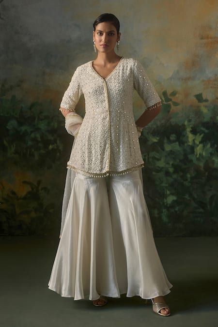 Mustard Moon By Neyha And Vrinda_Ivory Georgette, Tissue, Net Sequins, Beads, And Embroidered Kurta Sharara Set _Online_at_Aza_Fashions