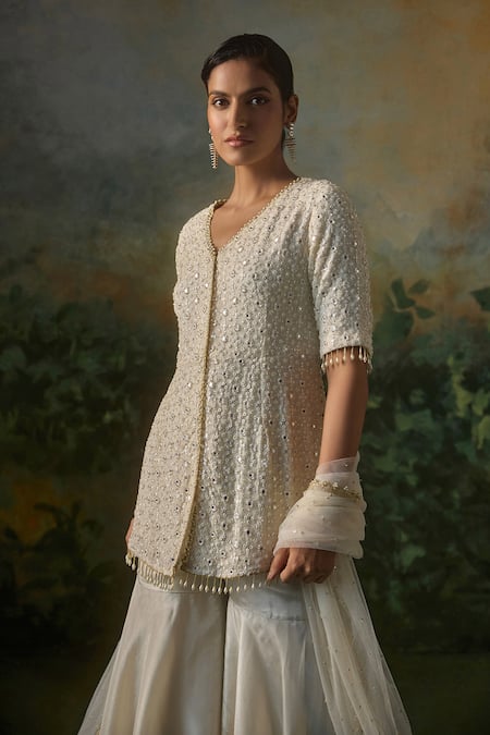 Shop_Mustard Moon By Neyha And Vrinda_Ivory Georgette, Tissue, Net Sequins, Beads, And Embroidered Kurta Sharara Set _Online_at_Aza_Fashions