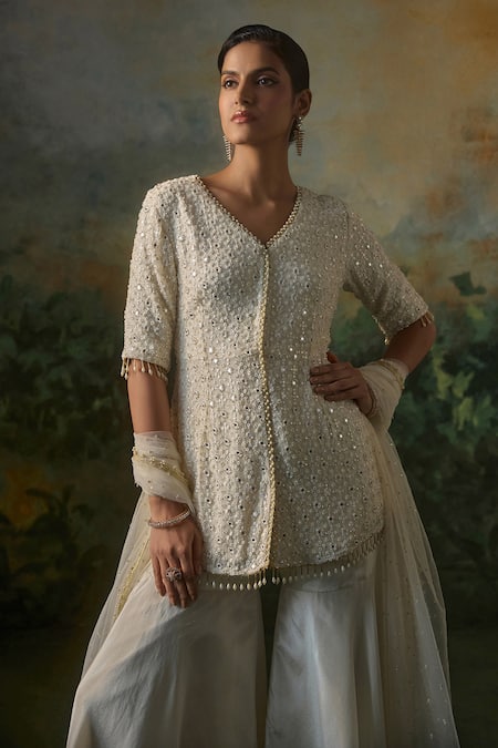 Mustard Moon By Neyha And Vrinda_Ivory Georgette, Tissue, Net Sequins, Beads, And Embroidered Kurta Sharara Set _at_Aza_Fashions