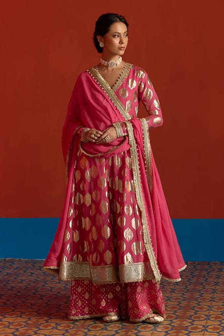 Mustard Moon By Neyha And Vrinda_Pink Chanderi, Georgette Foil Printing, Banarasi Panelled Anarkali Palazzo Set _Online_at_Aza_Fashions