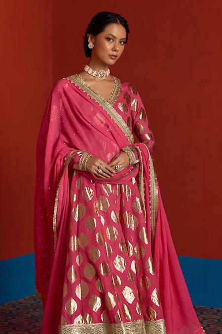 Buy_Mustard Moon By Neyha And Vrinda_Pink Chanderi, Georgette Foil Printing, Banarasi Panelled Anarkali Palazzo Set _Online_at_Aza_Fashions