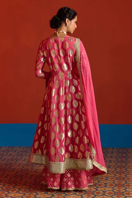 Mustard Moon By Neyha And Vrinda Banarasi Chanderi Panelled Anarkali Palazzo Set 