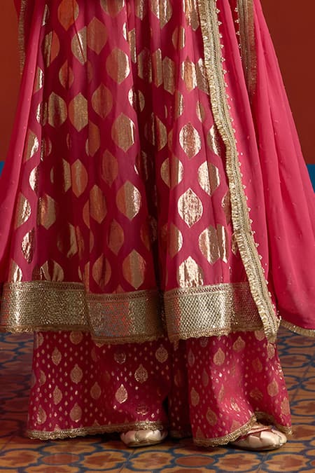 Shop_Mustard Moon By Neyha And Vrinda_Pink Chanderi, Georgette Foil Printing, Banarasi Panelled Anarkali Palazzo Set _Online_at_Aza_Fashions