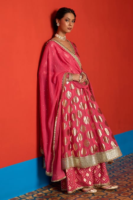Mustard Moon By Neyha And Vrinda_Pink Chanderi, Georgette Foil Printing, Banarasi Panelled Anarkali Palazzo Set _at_Aza_Fashions