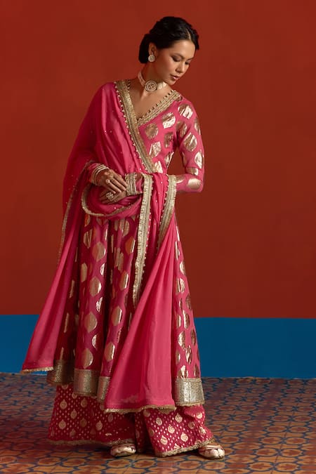 Buy_Mustard Moon By Neyha And Vrinda_Pink Chanderi, Georgette Foil Printing, Banarasi Panelled Anarkali Palazzo Set 