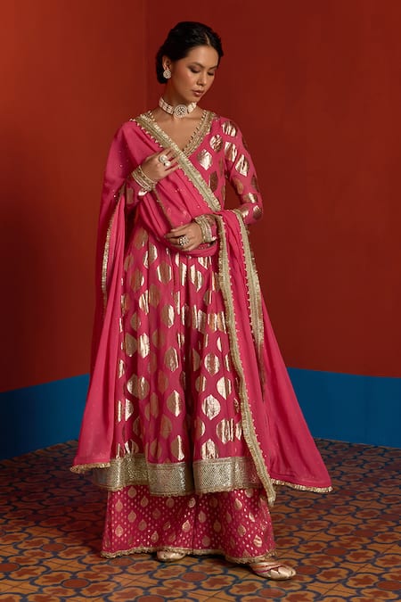 Mustard Moon By Neyha And Vrinda Banarasi Chanderi Panelled Anarkali Palazzo Set 