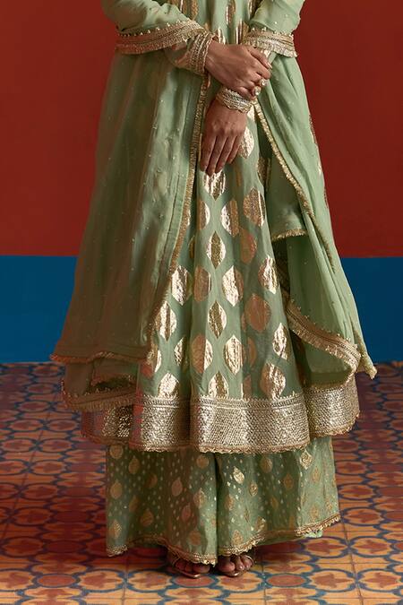 Buy_Mustard Moon By Neyha And Vrinda_Green Chanderi, Georgette Foil Printing, Banarasi Panelled Anarkali Palazzo Set _Online_at_Aza_Fashions