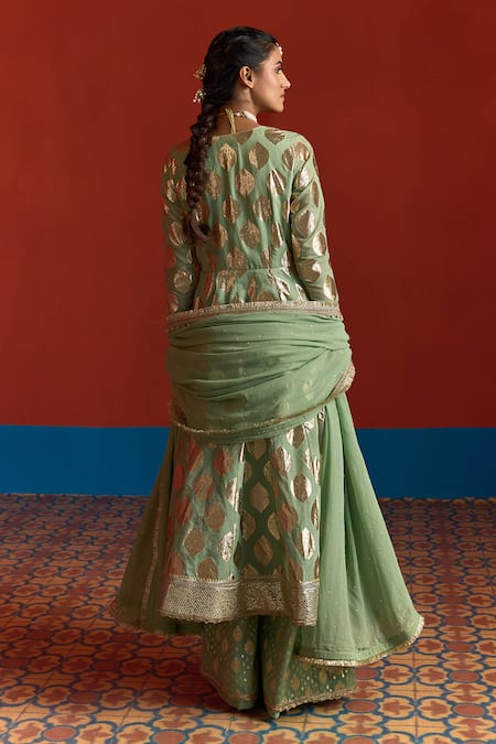 Mustard Moon By Neyha And Vrinda Banarasi Chanderi Panelled Anarkali Palazzo Set 
