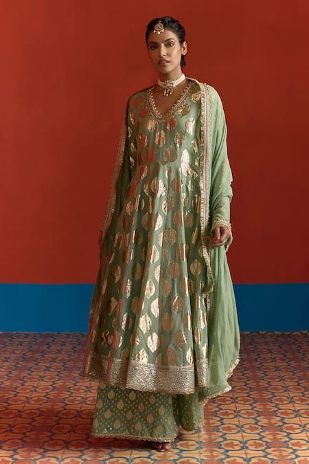 Shop_Mustard Moon By Neyha And Vrinda_Green Chanderi, Georgette Foil Printing, Banarasi Panelled Anarkali Palazzo Set _Online_at_Aza_Fashions