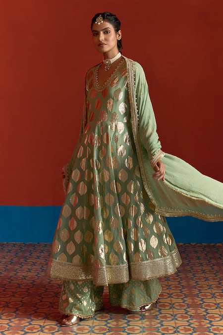 Mustard Moon By Neyha And Vrinda_Green Chanderi, Georgette Foil Printing, Banarasi Panelled Anarkali Palazzo Set _at_Aza_Fashions