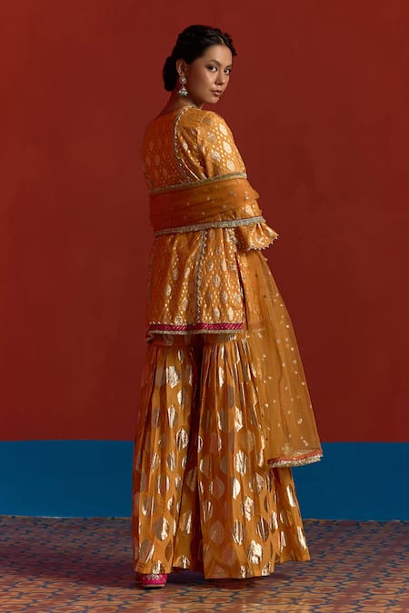 Mustard Moon By Neyha And Vrinda Banarasi Chanderi Kurta Sharara Set