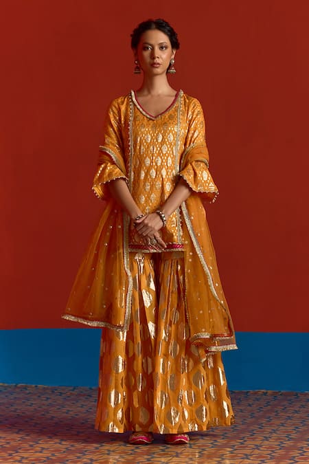 Mustard Moon By Neyha And Vrinda_Yellow Chanderi, Net Pearls, Foil Printing, Sequins, Banarasi Kurta Sharara Set _Online_at_Aza_Fashions