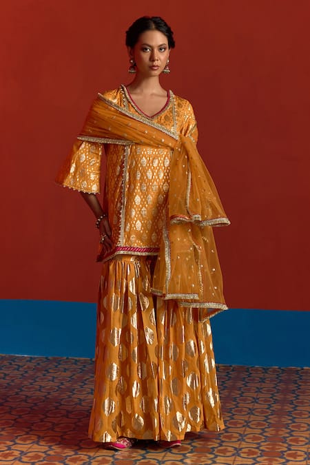 Buy_Mustard Moon By Neyha And Vrinda_Yellow Chanderi, Net Pearls, Foil Printing, Sequins, Banarasi Kurta Sharara Set _Online_at_Aza_Fashions