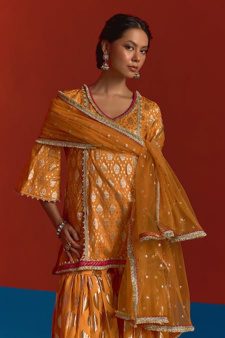 Shop_Mustard Moon By Neyha And Vrinda_Yellow Chanderi, Net Pearls, Foil Printing, Sequins, Banarasi Kurta Sharara Set _Online_at_Aza_Fashions