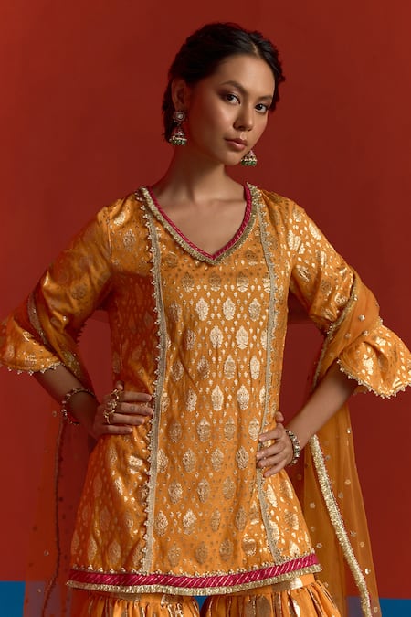 Mustard Moon By Neyha And Vrinda_Yellow Chanderi, Net Pearls, Foil Printing, Sequins, Banarasi Kurta Sharara Set _at_Aza_Fashions