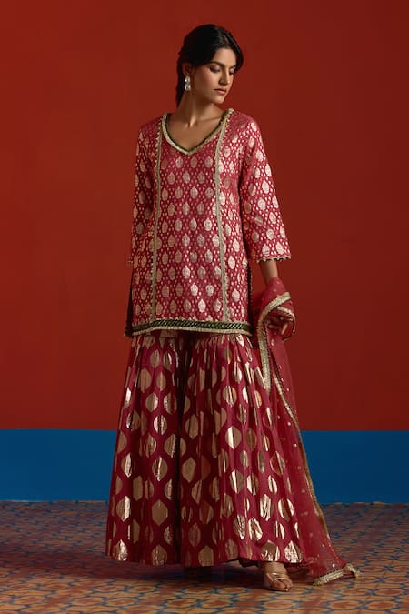 Buy Mustard Moon By Neyha And Vrinda Wine Chanderi, Net Pearls, Zari, Gota Patti V-neck Banarasi Kurta Sharara Set Online at Aza Fashions Buy_Mustard Moon By Neyha And Vrinda_Wine Chanderi, Net Pearls, Zari, Gota Patti V-neck Banarasi Kurta Sharara Set _Online_at_Aza_Fashions