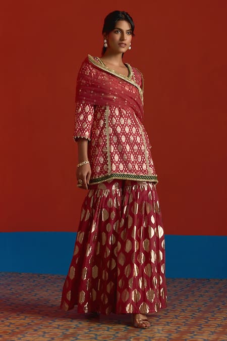 Shop Mustard Moon By Neyha And Vrinda Wine Chanderi, Net Pearls, Zari, Gota Patti V-neck Banarasi Kurta Sharara Set Online at Aza Fashions Shop_Mustard Moon By Neyha And Vrinda_Wine Chanderi, Net Pearls, Zari, Gota Patti V-neck Banarasi Kurta Sharara Set _Online_at_Aza_Fashions