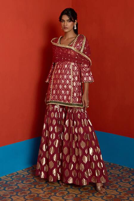 Mustard Moon By Neyha And Vrinda Wine Chanderi, Net Pearls, Zari, Gota Patti V-neck Banarasi Kurta Sharara Set at Aza Fashions Mustard Moon By Neyha And Vrinda_Wine Chanderi, Net Pearls, Zari, Gota Patti V-neck Banarasi Kurta Sharara Set _at_Aza_Fashions