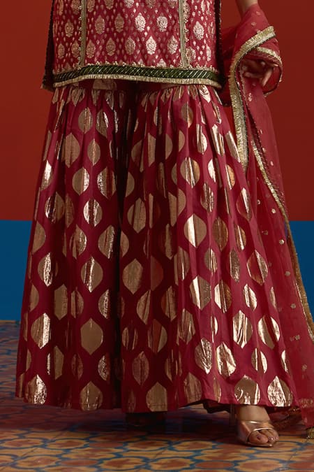 Buy Mustard Moon By Neyha And Vrinda Wine Chanderi, Net Pearls, Zari, Gota Patti V-neck Banarasi Kurta Sharara Set Buy_Mustard Moon By Neyha And Vrinda_Wine Chanderi, Net Pearls, Zari, Gota Patti V-neck Banarasi Kurta Sharara Set