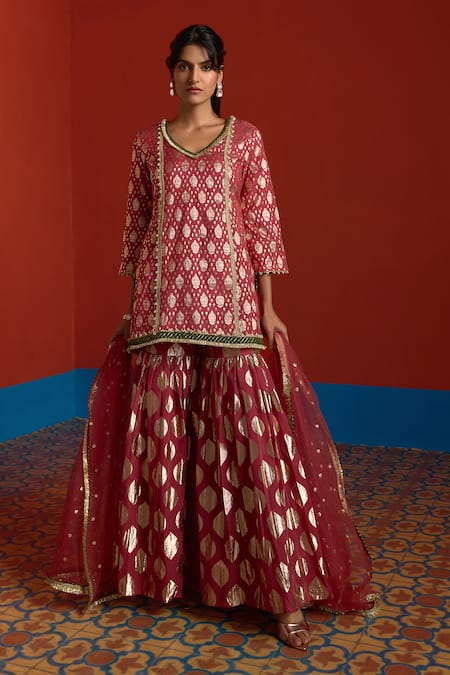 Mustard Moon By Neyha And Vrinda Banarasi Chanderi Kurta Sharara Set