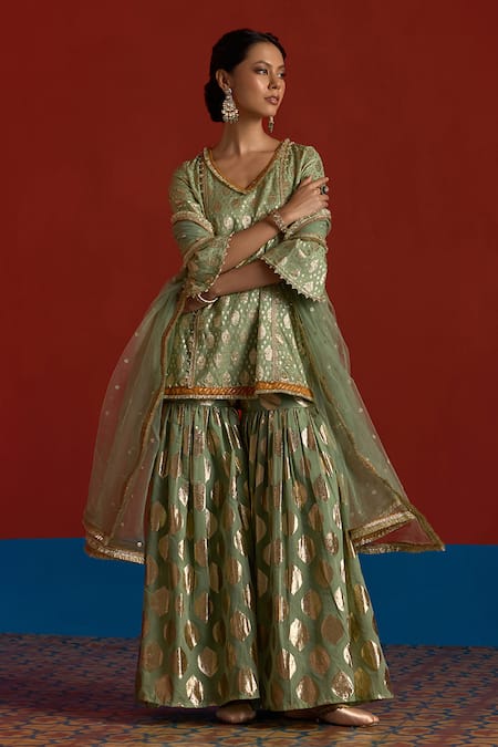 Mustard Moon By Neyha And Vrinda_Green Chanderi, Net Pearls, Zari, Foil Printing, Banarasi Kurta Sharara Set _Online_at_Aza_Fashions