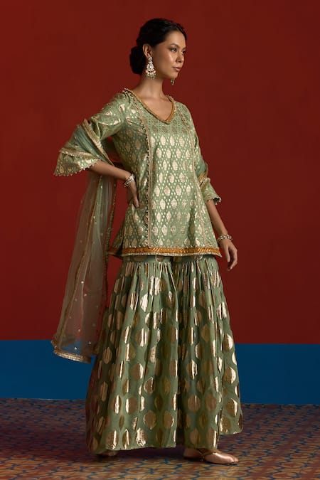 Mustard Moon By Neyha And Vrinda Banarasi Chanderi Kurta Sharara Set