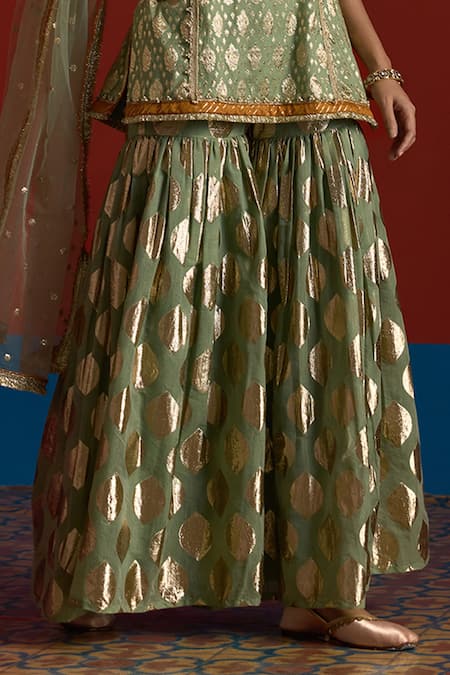 Buy_Mustard Moon By Neyha And Vrinda_Green Chanderi, Net Pearls, Zari, Foil Printing, Banarasi Kurta Sharara Set _Online_at_Aza_Fashions