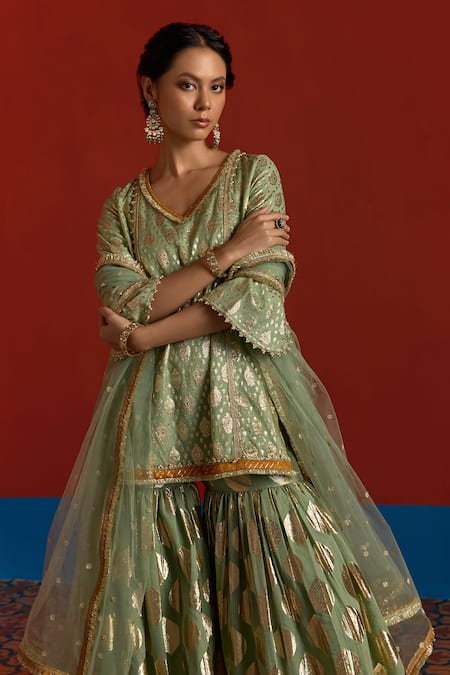 Shop_Mustard Moon By Neyha And Vrinda_Green Chanderi, Net Pearls, Zari, Foil Printing, Banarasi Kurta Sharara Set _Online_at_Aza_Fashions