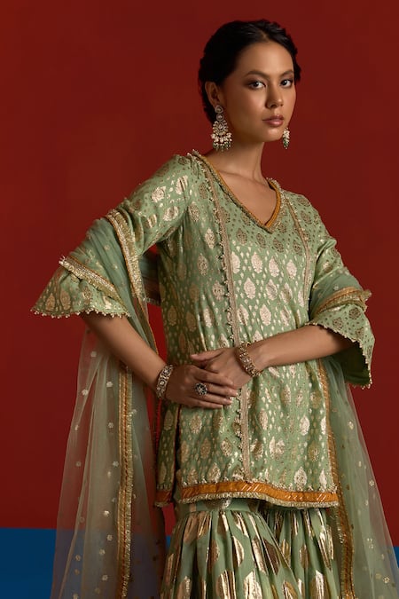 Mustard Moon By Neyha And Vrinda_Green Chanderi, Net Pearls, Zari, Foil Printing, Banarasi Kurta Sharara Set _at_Aza_Fashions