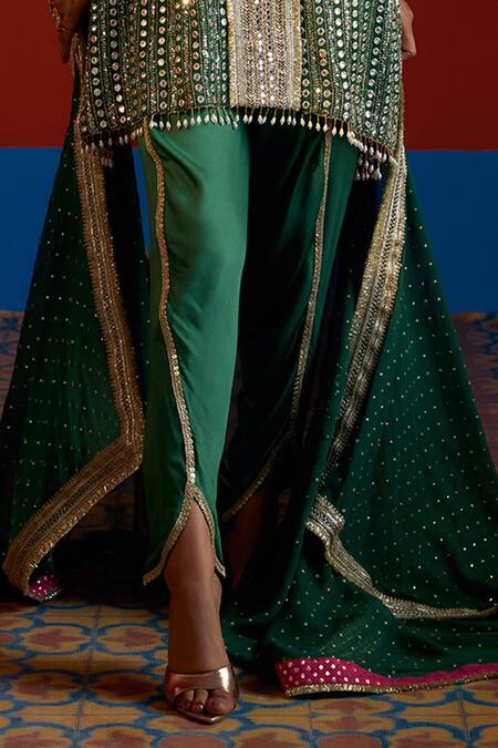 Mustard Moon By Neyha And Vrinda Green Georgette, Modal, Satin Mirrors, Sequins, Embroidered High-low Kurta Set Online at Aza Fashions Mustard Moon By Neyha And Vrinda_Green Georgette, Modal, Satin Mirrors, Sequins, Embroidered High-low Kurta Set _Online_at_Aza_Fashions