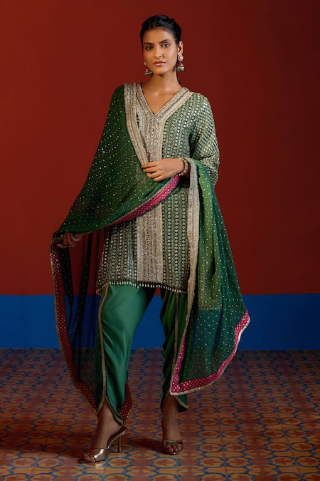 Shop Mustard Moon By Neyha And Vrinda Green Georgette, Modal, Satin Mirrors, Sequins, Embroidered High-low Kurta Set Online at Aza Fashions Shop_Mustard Moon By Neyha And Vrinda_Green Georgette, Modal, Satin Mirrors, Sequins, Embroidered High-low Kurta Set _Online_at_Aza_Fashions