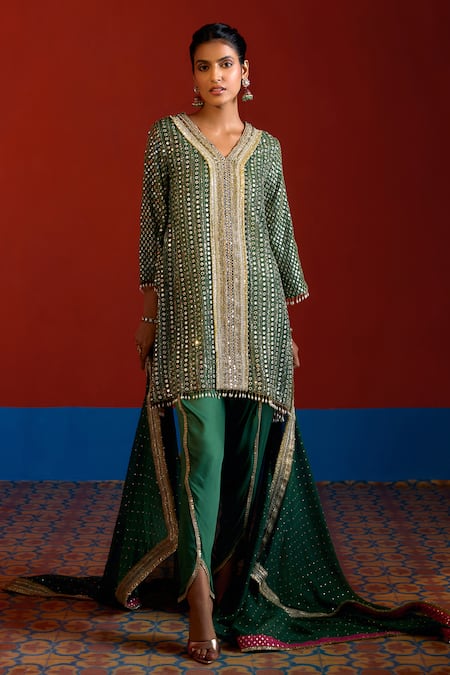 Mustard Moon By Neyha And Vrinda Green Georgette, Modal, Satin Mirrors, Sequins, Embroidered High-low Kurta Set at Aza Fashions Mustard Moon By Neyha And Vrinda_Green Georgette, Modal, Satin Mirrors, Sequins, Embroidered High-low Kurta Set _at_Aza_Fashions