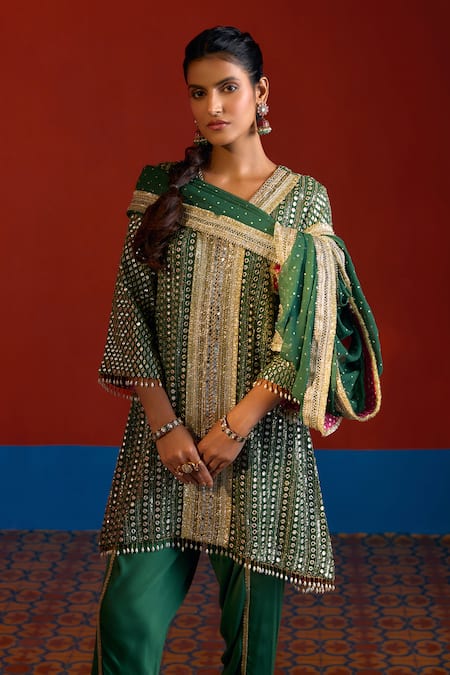 Buy Mustard Moon By Neyha And Vrinda Green Georgette, Modal, Satin Mirrors, Sequins, Embroidered High-low Kurta Set Buy_Mustard Moon By Neyha And Vrinda_Green Georgette, Modal, Satin Mirrors, Sequins, Embroidered High-low Kurta Set