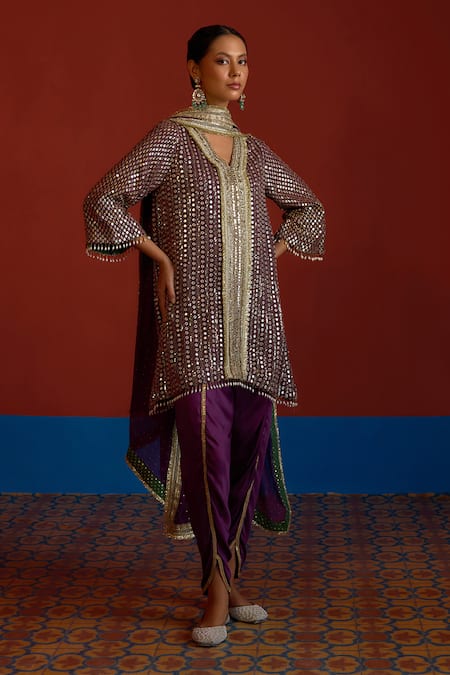 Buy_Mustard Moon By Neyha And Vrinda_Purple Georgette, Modal, Satin Mirrors, Glittery Embroidered Kurta Set _Online_at_Aza_Fashions