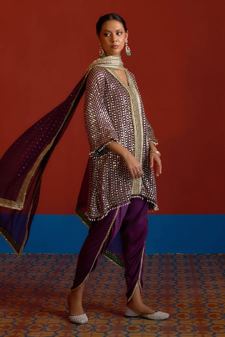 Shop_Mustard Moon By Neyha And Vrinda_Purple Georgette, Modal, Satin Mirrors, Glittery Embroidered Kurta Set _Online_at_Aza_Fashions