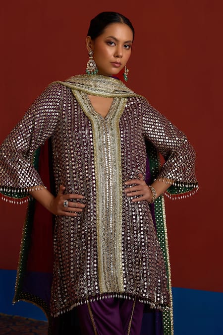 Mustard Moon By Neyha And Vrinda_Purple Georgette, Modal, Satin Mirrors, Glittery Embroidered Kurta Set _at_Aza_Fashions