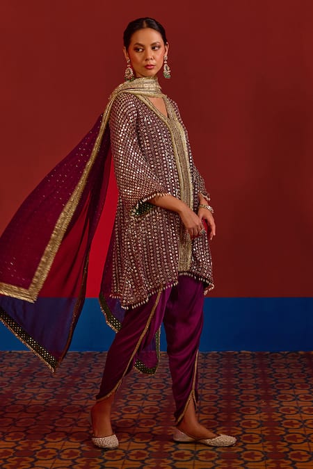 Buy_Mustard Moon By Neyha And Vrinda_Purple Georgette, Modal, Satin Mirrors, Glittery Embroidered Kurta Set 