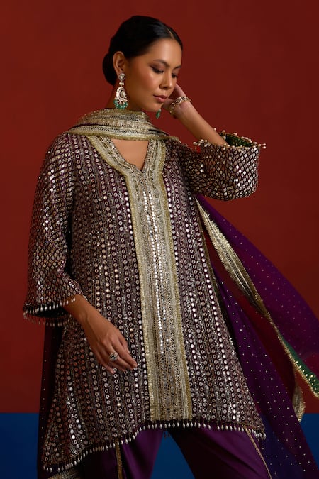 Shop_Mustard Moon By Neyha And Vrinda_Purple Georgette, Modal, Satin Mirrors, Glittery Embroidered Kurta Set 