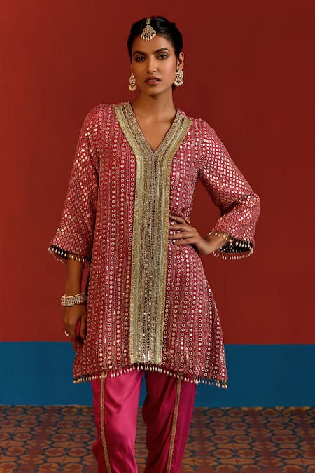 Buy_Mustard Moon By Neyha And Vrinda_Pink Georgette, Modal, Satin Mirrors, Sequins, And Embroidered High Low Kurta Set _Online_at_Aza_Fashions