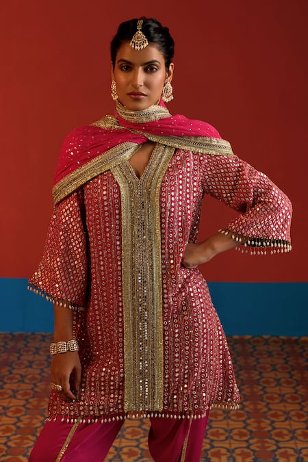 Shop_Mustard Moon By Neyha And Vrinda_Pink Georgette, Modal, Satin Mirrors, Sequins, And Embroidered High Low Kurta Set _Online_at_Aza_Fashions