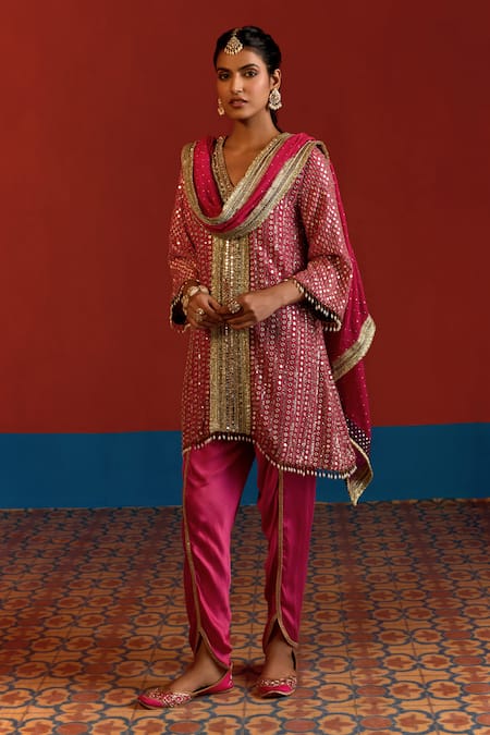 Buy_Mustard Moon By Neyha And Vrinda_Pink Georgette, Modal, Satin Mirrors, Sequins, And Embroidered High Low Kurta Set 