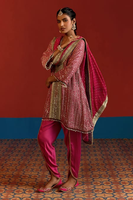 Shop_Mustard Moon By Neyha And Vrinda_Pink Georgette, Modal, Satin Mirrors, Sequins, And Embroidered High Low Kurta Set 