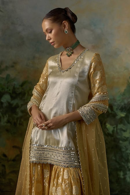 Buy Mustard Moon By Neyha And Vrinda Gold Brocade, Georgette, Net Mirrors, Sequins, Pattern Kurta Sharara Set Buy_Mustard Moon By Neyha And Vrinda_Gold Brocade, Georgette, Net Mirrors, Sequins, Pattern Kurta Sharara Set